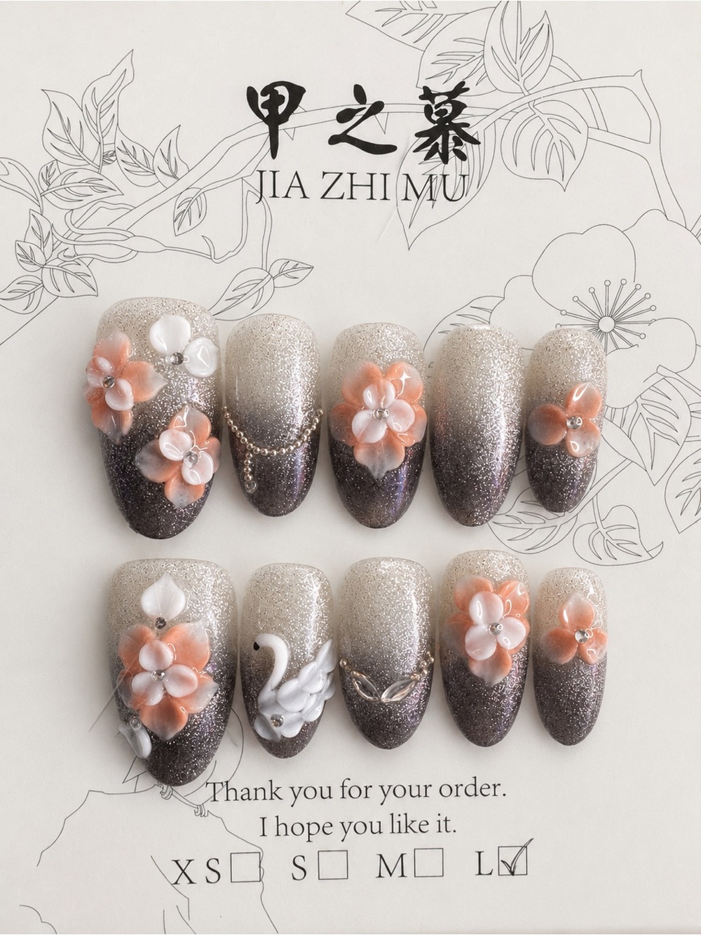 Sparkling Gradient Press-On Nails with Peach & White Floral Accents